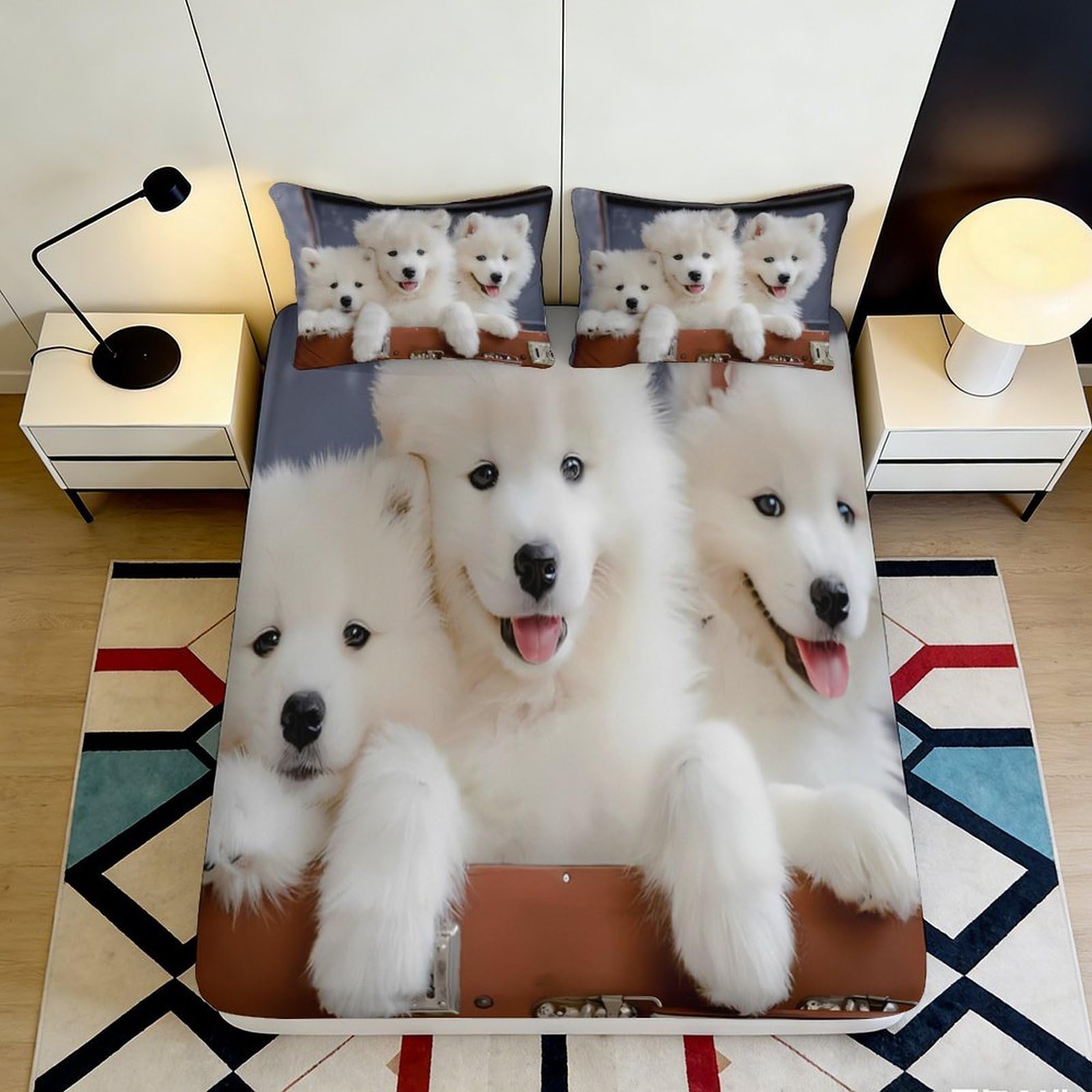 3D Printed White Puppy Fitted Sheet Microfiber Soft Anti-Slip Fluffy Dog Mattress Cover for Bedroom Guest Room Decor 200x200x25cm