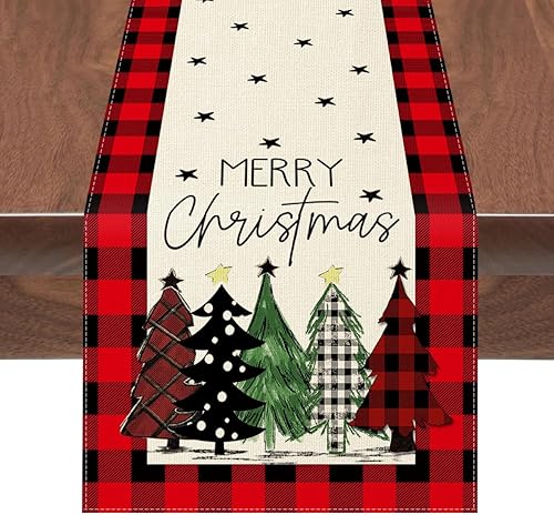 Winter Christmas Table Runner Watercolor Red and Black Buffalo Plaid Christmas Trees Merry Xmas Runner, Seasonal Winter Holiday Kitchen Dining Table