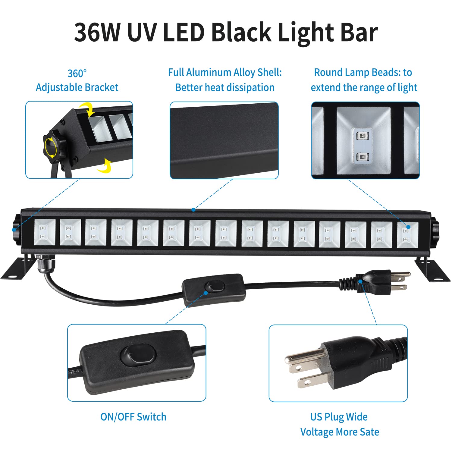 SHGPODA 3 Pack 36W LED Black Light Bar, Blacklight Flood Light 5ft Power Cord with US Plug and Switch, Black Lights for Glow Party, Stage Lighting, Halloween, Body Paint, Birthday Wedding Party