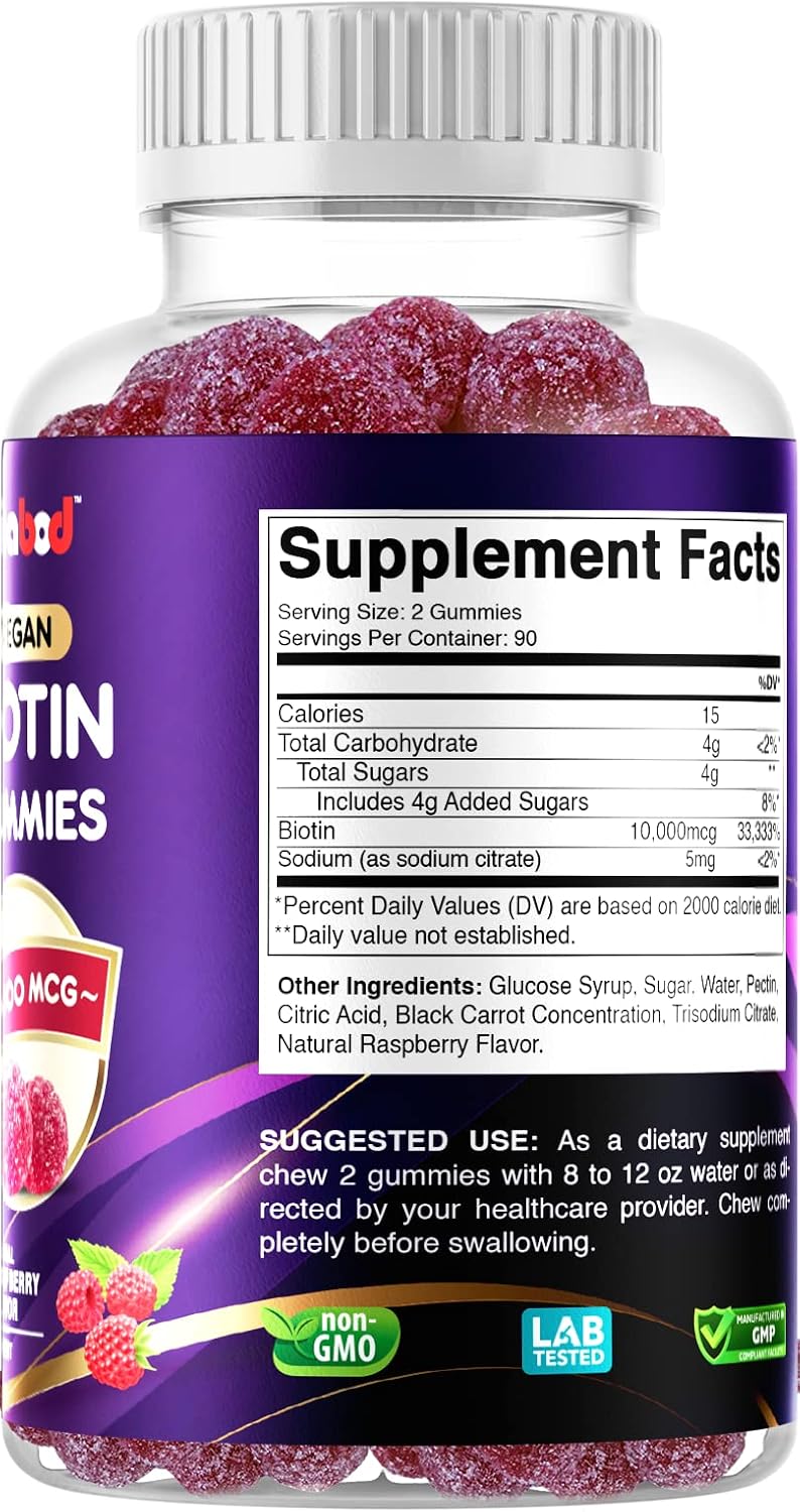 Vitabod Biotin Gummies 10000mcg for Healthy Hair, Skin & Nails Growth Vitamins for Women, Men & Kids - Vegan, Non-GMO, Hair Growth Supplement 180 Gummies