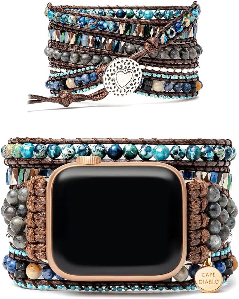CAPE DIABLO CD25118AW Apple Watch Band, Celine Ocean (Apple Watch), 1.5 - 1.9 inches (38 - 49 mm), Series 8-1, SE, Ultra, Multi-Winding Apple Watch Band, Small, Natural Stone x Handmade, Emperor Stone, Wrap Bracelet, Dressy Wristband, Women's, Apple Watch Strap, Genuine Japanese Product, navy, S, bohemian