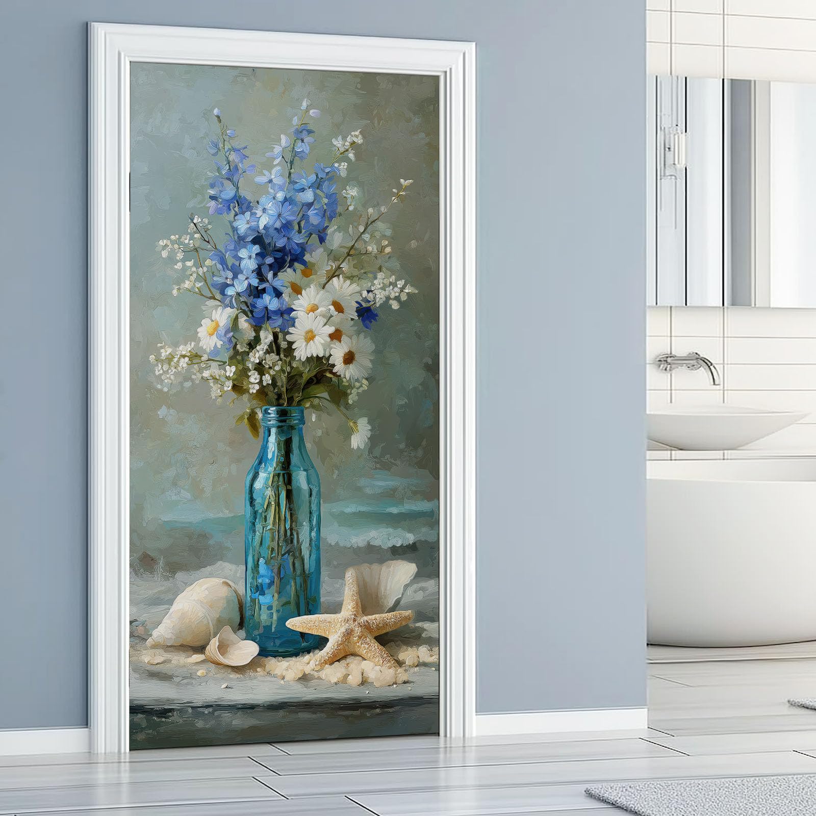 Adesivo per porta in stile dipinto a olio, 77 x 200 cm, stella marina, conchiglie, bouquet di fiori, in PVC, autoadesivo, carta da parati fotografica, grigio, impermeabile, rimovibile, per bagno