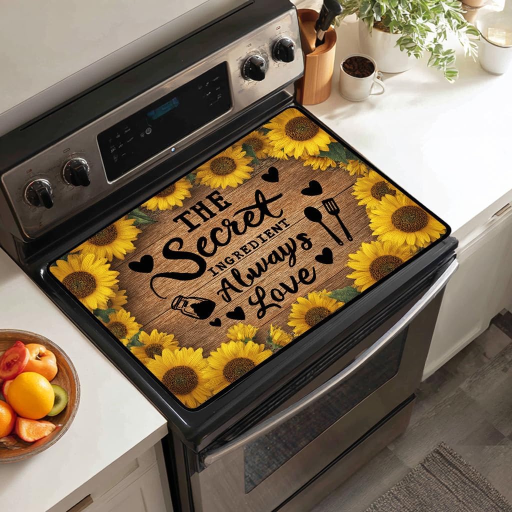Sunflower Glass Cooktop Protector,Floral Stove Top Covers for Gas Burners,Vintage Stove Top Covers,Washer Top Protector,Heat‑Resistant Stove Top Cover - The Secret Ingredient is Always Love