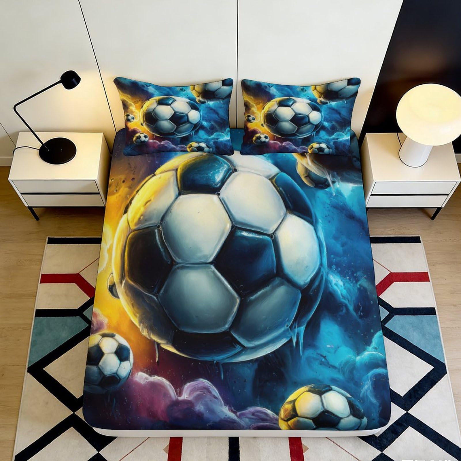Dhbaneiok Style-10 3D Printed Flaming Football Fitted Sheet Microfiber Soft Mattress Cover Blue Fire Soccer For Bedroom Dorm Decor 90X200x25cm