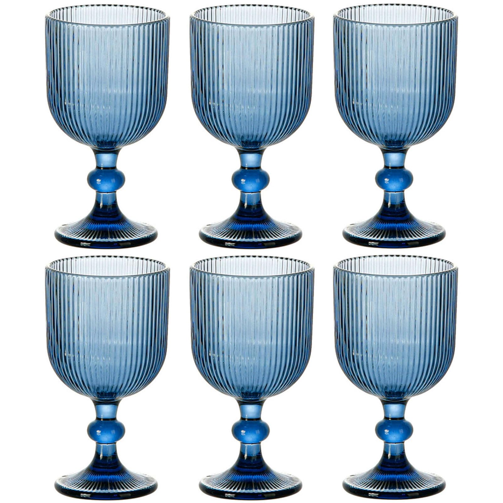 Taganov Blue Glasses Drinking Water Goblets set of 6 Vintage Glassware 13oz Colored Wine Glasses for Wedding Party Bar Vertical Line Embossed Pattern Stemmed Cups 400ml