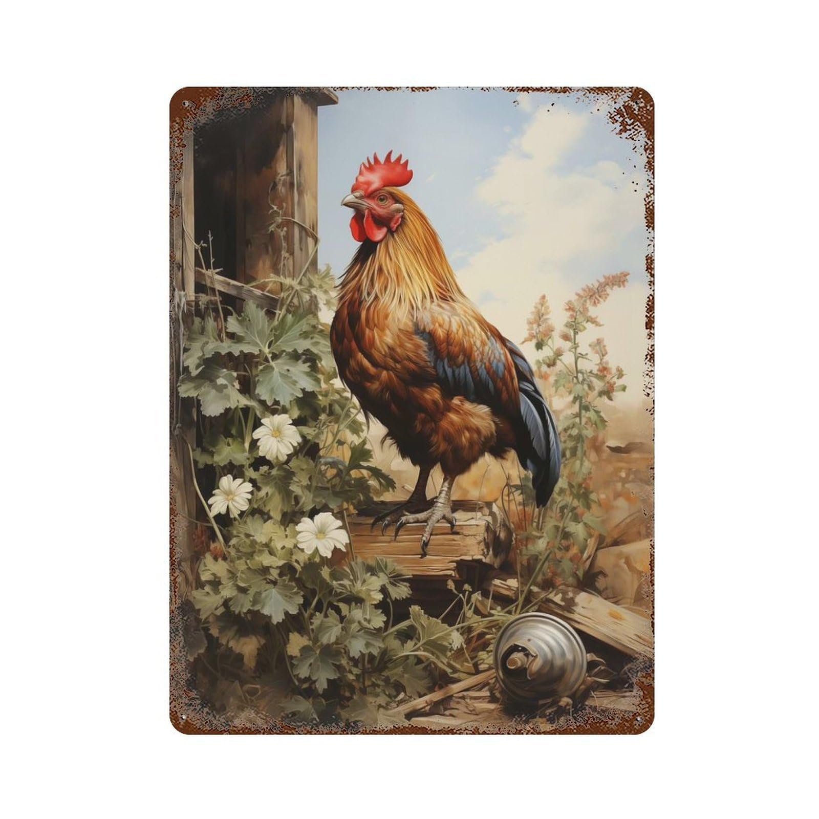 Garage Style Chicken Rooster Farm Rustic Tin Plaque 15.7"x11.8", Industrial Home Decor for Bar And Workshop
