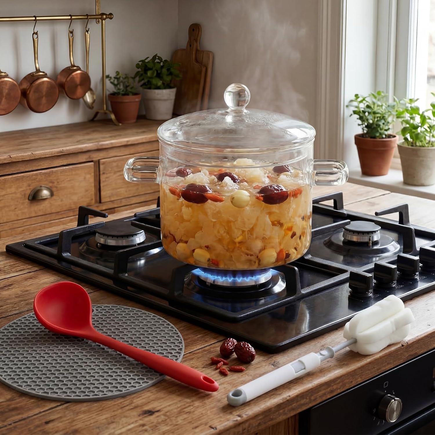 Jingmore 1.9l/64 oz Glass Simmer Pot for Stove with Lid & Strainer, Clear