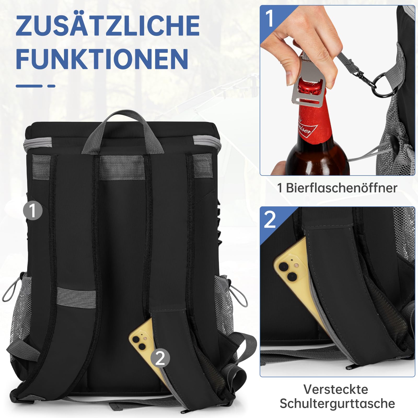 OUUTMEE Kühltasche 25L Thermo Rucksack Auslaufsicher, Kühlrucksack für 30 Getränkedosen (330 ml),für Wandern und Picknick, Praktisch & Leicht,Schwarz/Blau/Grau/Grün/Orange Farbe