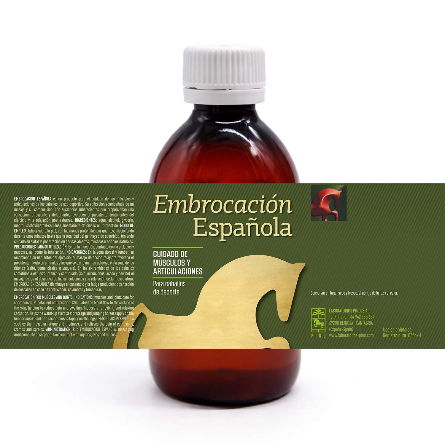 LABORATORIOS PINO Embrocación Española Analgésico Externo para Caballos – Trastornos Osteoarticulares, Musculares y Afecciones Respiratorias Leves – Acción Balsámica – Envase 250 ml