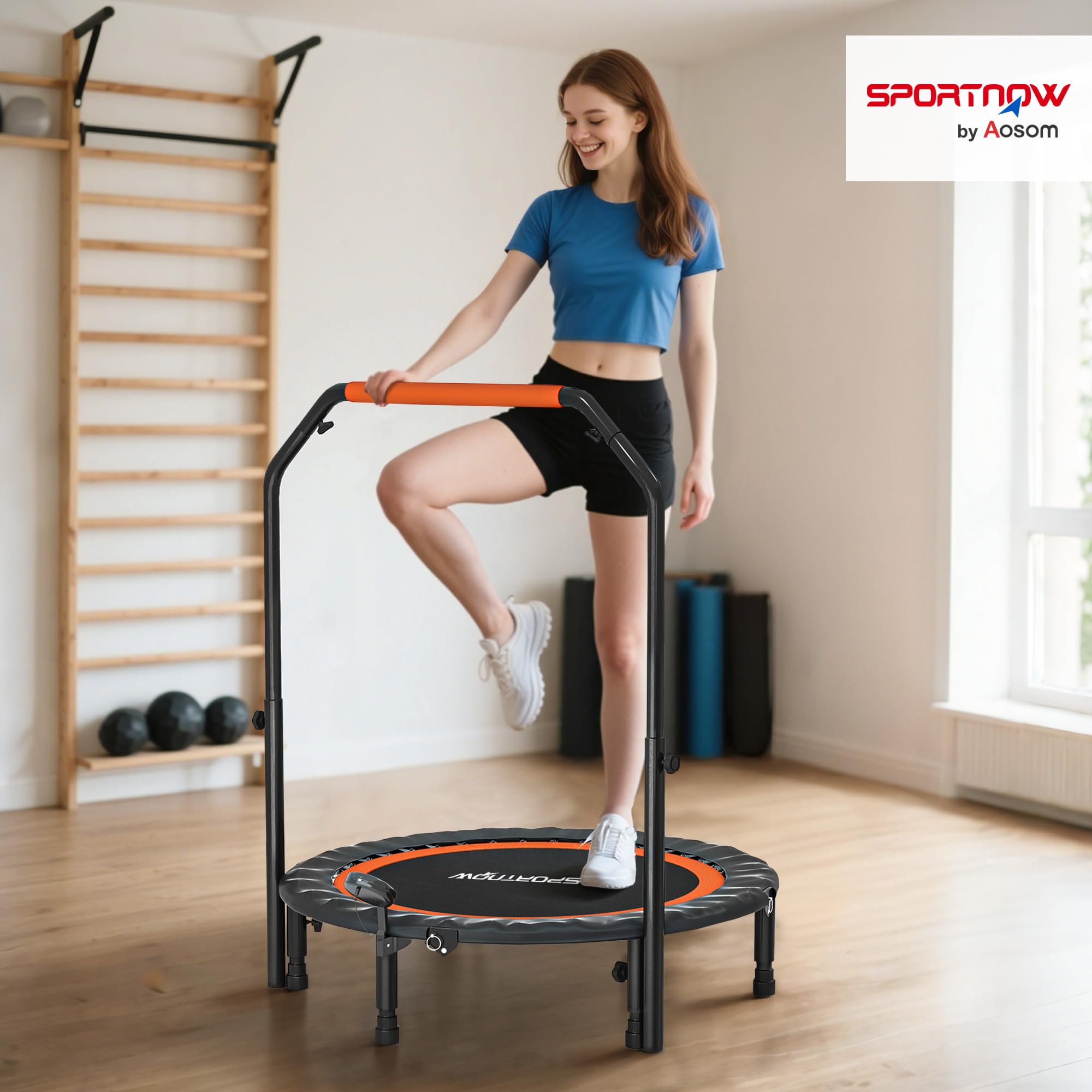 HOMCOM Trampoline de Fitness Gymnastique Trampoline Adulte avec poignée réglable, Pliable, 6 Pieds, 28 Ressorts Ø 102 cm