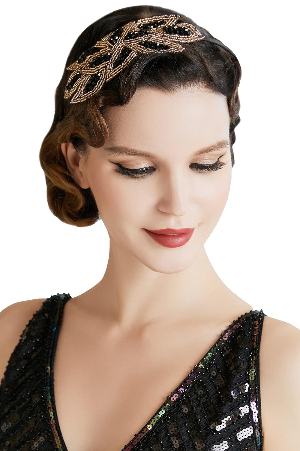BABEYOND Flapper Headband 1920s Headpiece - Art Deco Headpiece Rhinestone Hair Accessories for Women (Gold and Black)