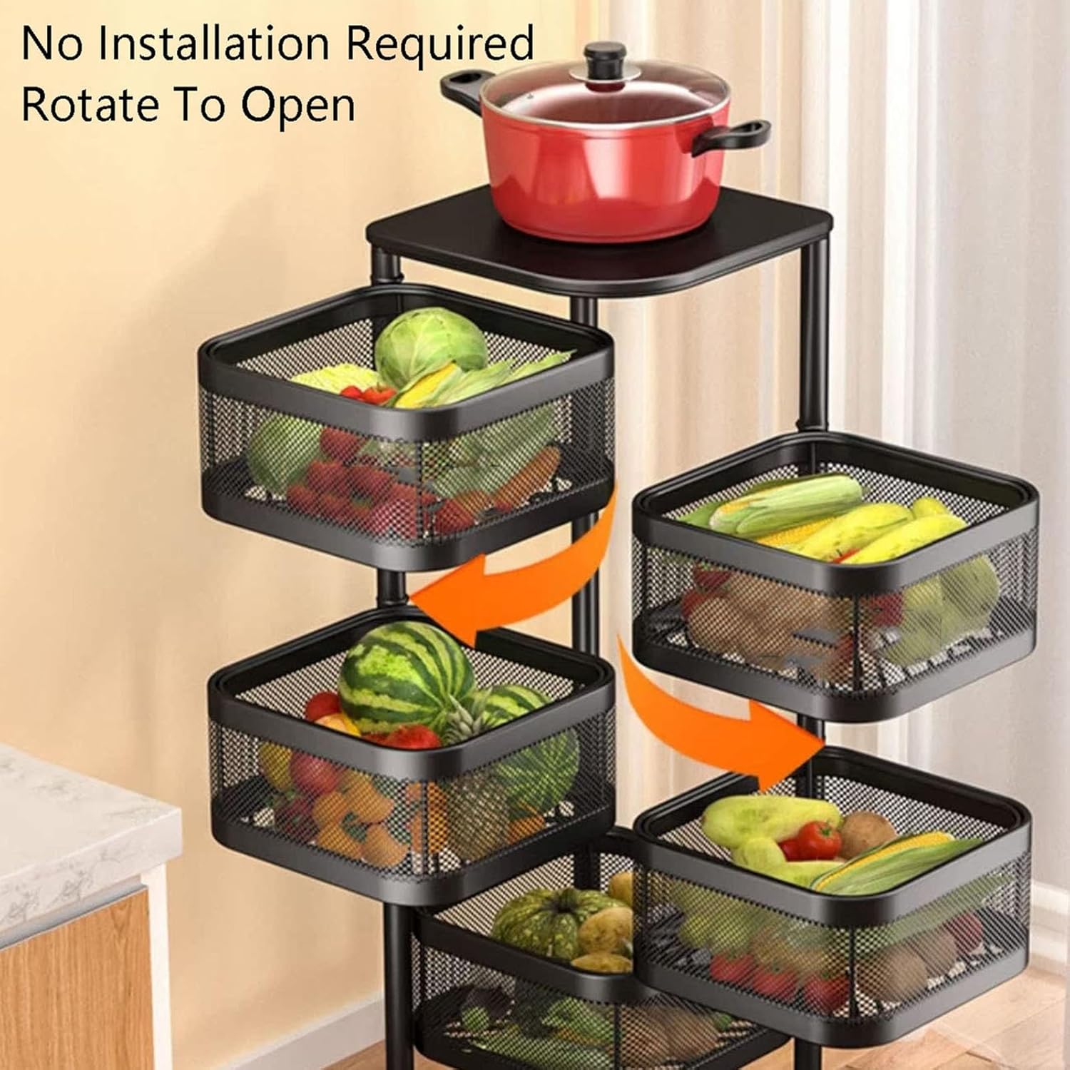 Rotating Fruit and Vegetable Shelf,Storage Rotating Basket,Bathroom Shelf with Foot Mats,Space-Saving,for Kitchen Bathroom Bedroom(Black,4 Tiers)
