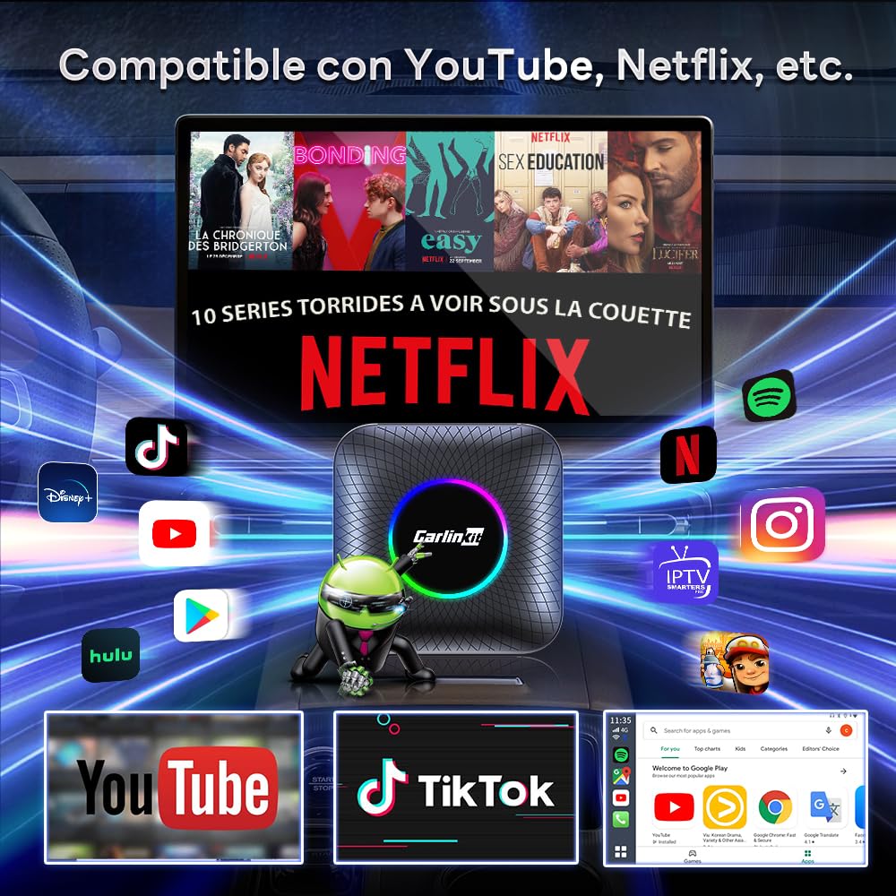 CarlinKit AIBox inalámbrico Carplay/Android Auto Versión LED del Adaptador, Apto para Modelos CarPlay con Cable, Sistema Android 13.0 8+128G Incorporado, Compatible con Youtube, Netflix, etc.