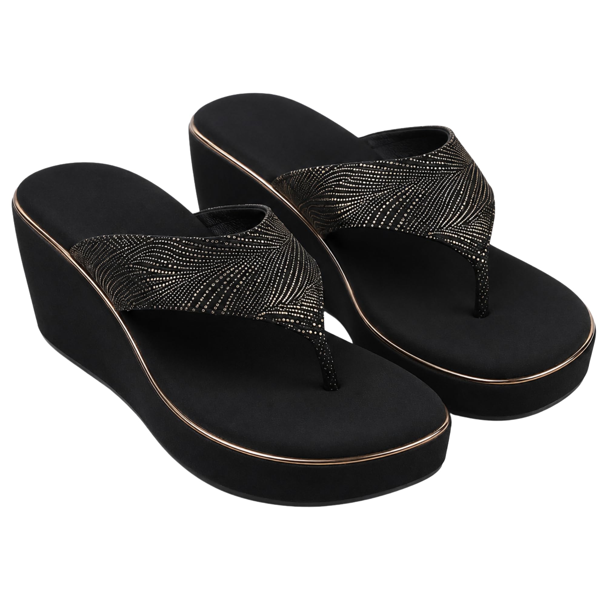 Women's Wedge Heel Sandals | Stylish T-Strap Platform Sandals with Textured Upper | Slip-On Fashion Footwear for Casual, Party & Occasion Wear | Black-image-5