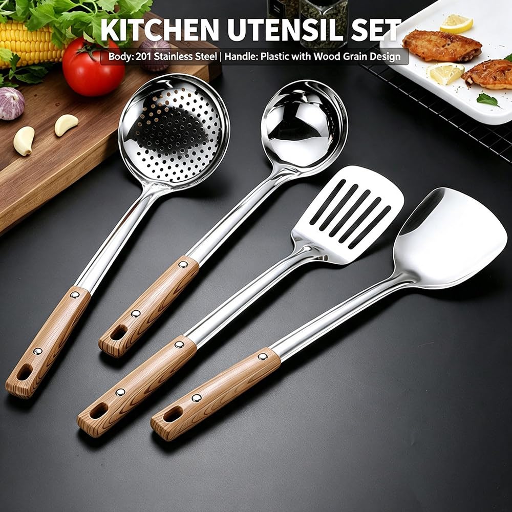 Set di 6 Utensili da Cucina in Acciaio Inox in Confezione Regalo, con Manici in Plastica Testurizzata Antiscottatura; Ideale per La Cucina Quotidiana E Come Idea Regalo