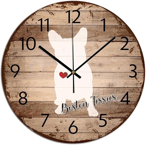 COCOKEN Boston Terrier - Reloj de pared de madera, dueño de perro, silencioso, digital, redondo, reloj de pared, decoración de pared, decoración del