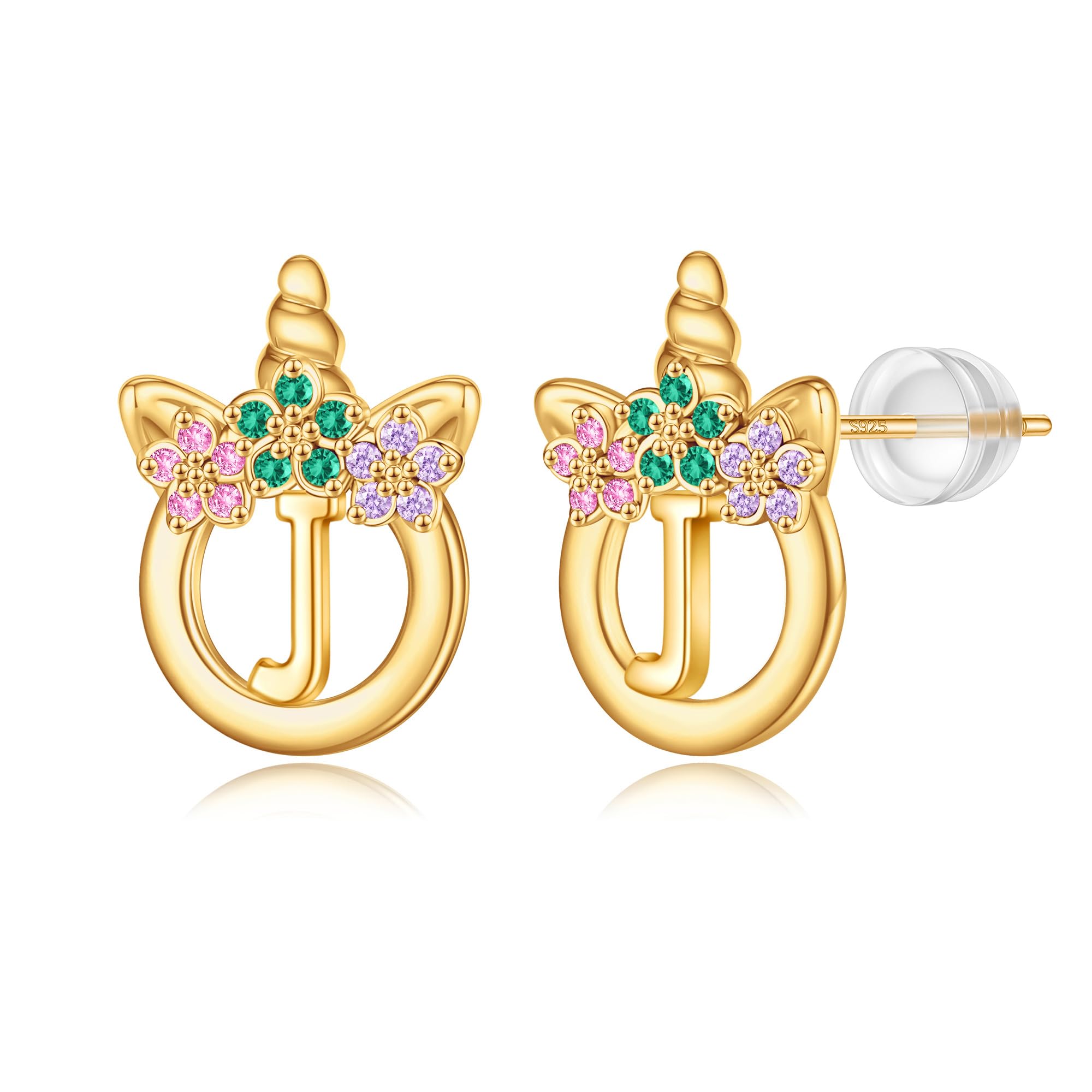 Unicorn Earrings Gifts for Girls - 925 Sterling Silver Stud Earrings Hypoallergenic Initial Unicorn Earring for Girls Kids Jewelry CZ Birthday Gifts