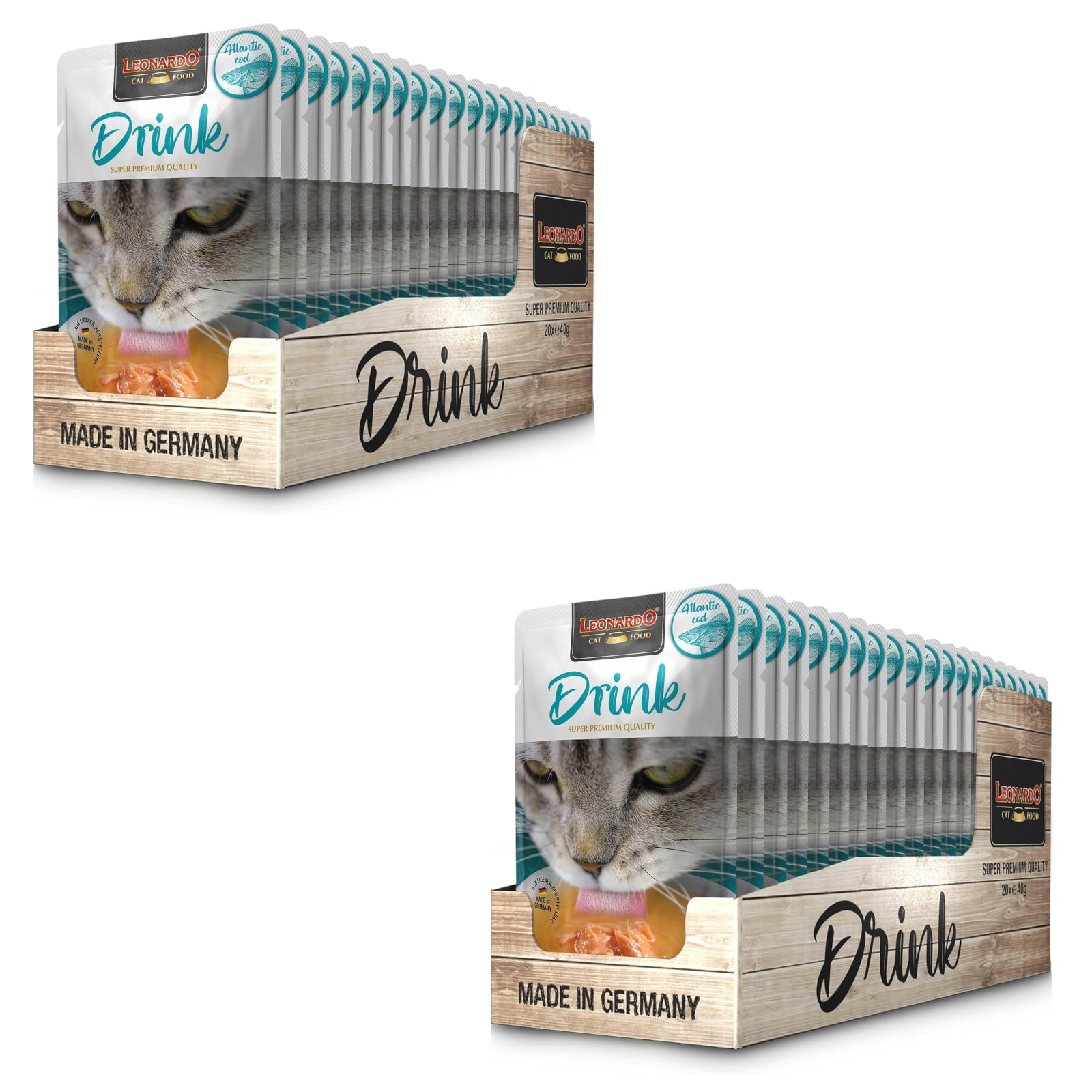 Leonardo Drink Merluzzo Atlantico | Confezione Doppia | 2 x 20 x 40 g | Alimento Complementare per Gatti Adulti | Supporto per l'Assunzione di Liquidi | Ideale come Topping per Cibo