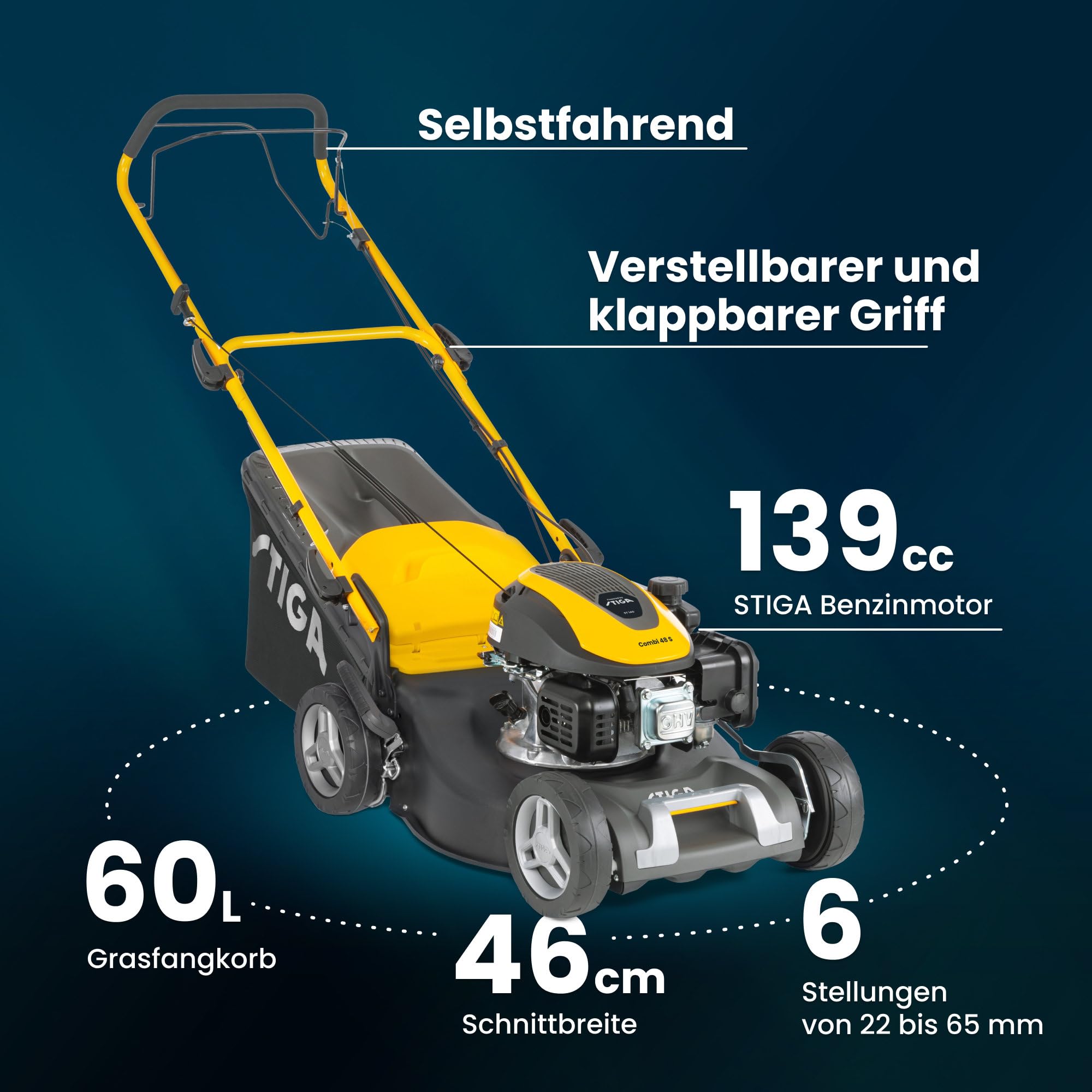 STIGA Combi 48 S a Benzin-Rasenmäher, 139 cm³, 46 cm – 60 L Fangkorb, Selbstfahrend – Rasenflächen bis 100 m²