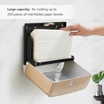 Paper Towel Dispenser, Wall-Mounted Multifold Hand Paper Towel Dispenser, Commercial Hand Towel Dispenser for Kitchen Bathroom Hotel Resturant, Holds 200 Paper,Gold