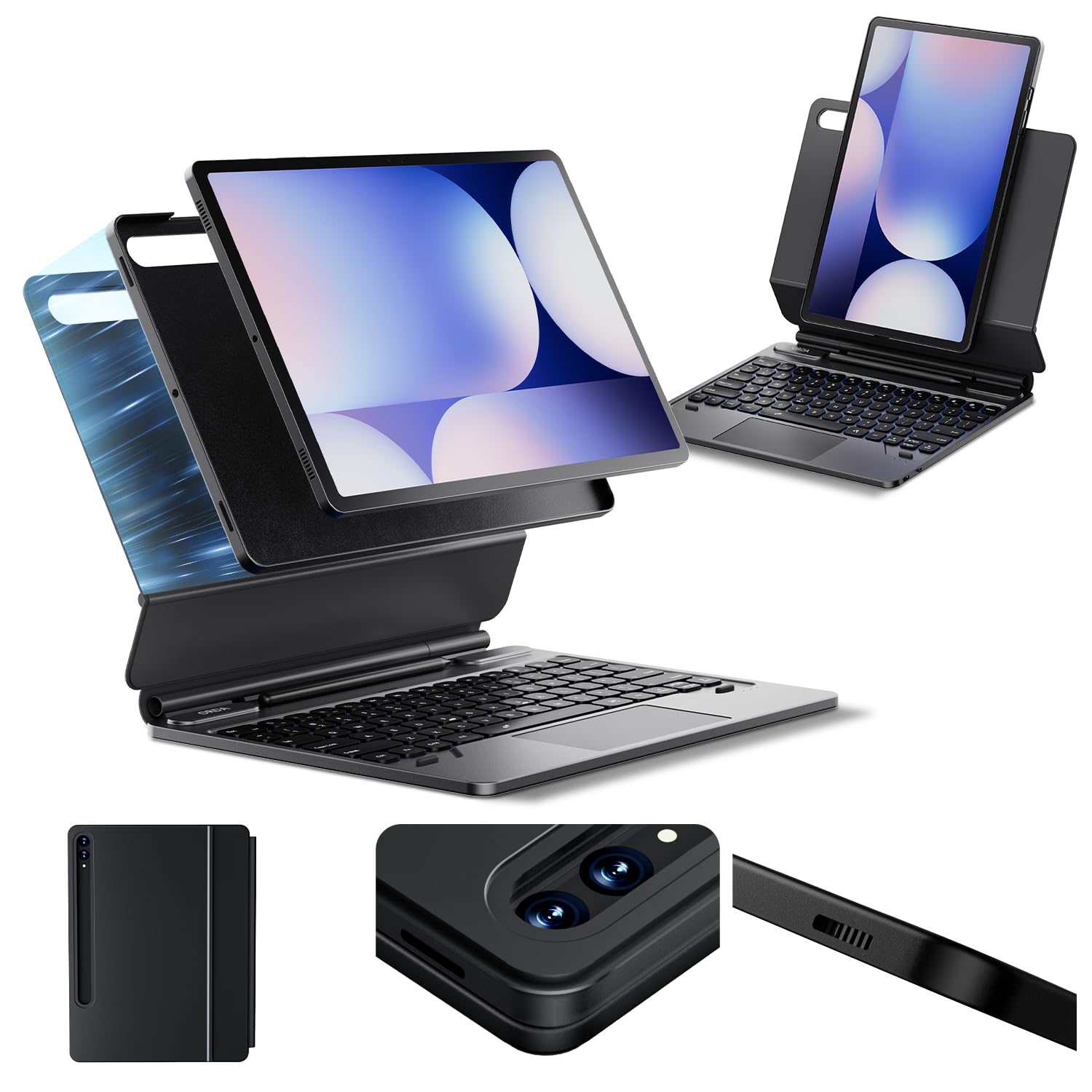 ORDA Keyboard Case for Samsung Galaxy Tab S10+/S9+/S9 FE+/S8+ 12.4", Magnetic Stand with Backlit AI Keyboard, Portrait/Raised Modes, with Removable Protective Case, Pen Holder S10+/S9+/S9 FE+/S8+-US Version