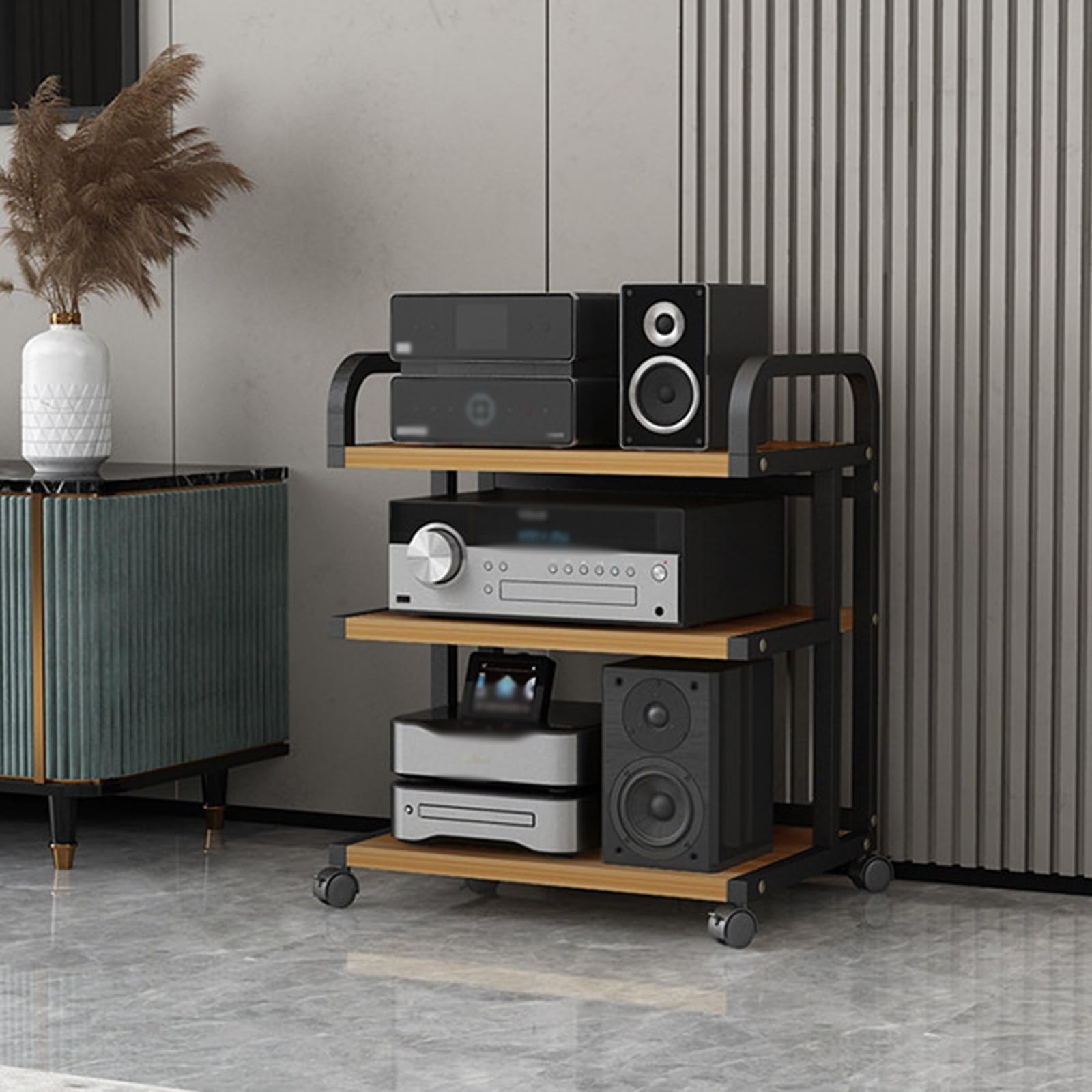 3-poziomowa wieża na kółkach z komponentami audio, stojak multimedialny stereo do pokoju gier, półka na sprzęt Hi-Fi, półka i otwarta szafka do przechowywania, mobilny organizer do kina domowego