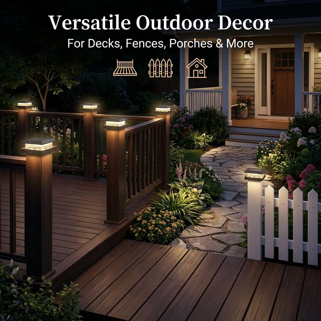 4x4 Solar Post Cap Lights 12 Pack, Fence Post Solar Lights with Warm White/Cool White, Only Fit 4x4 Wood/Vinyl Posts, Waterproof Outdoor Deck Post Light for Deck, Fence, Porch(Black)