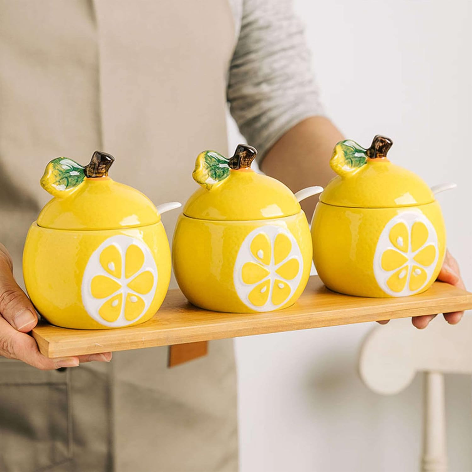 Ceramic Salt Storage Jar, Fruit Sugar Bowl with Lid and Spoon, Colorful Sugar Pot, Ceramic Coffee Sugar Canisters, Sugar Container Spice Jar, Salt Pot Seasoning Canister-Lemon-3 Set of ( Color : Pomeg