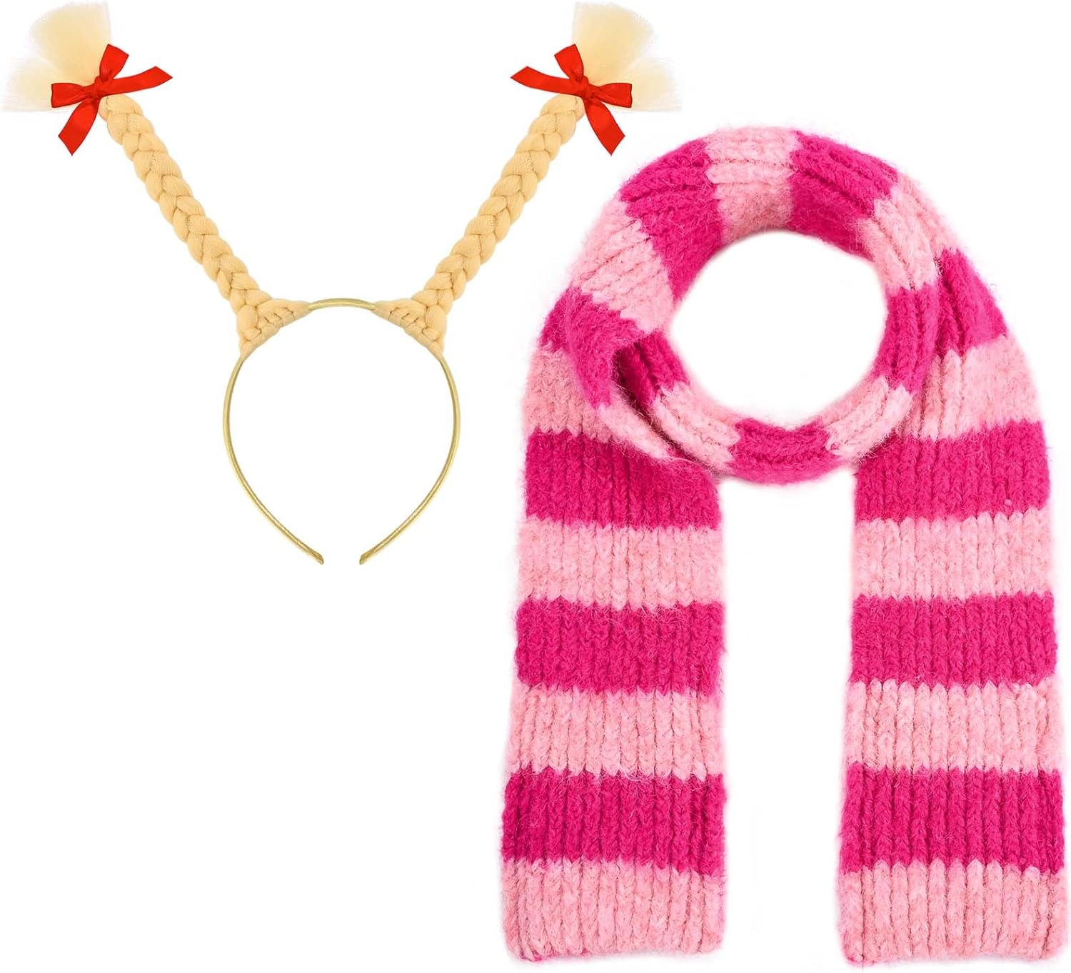 クリスマスコスチューム ブロンド ピグテール ヘッドバンド 赤いリボン付き ピンク ストライプ スカーフ クリスマスパーティー ホリ