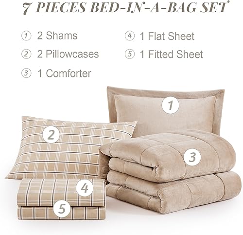 Miniatura 6 de Juego de edredón de lujo tamaño Queen de 7 piezas, juego de edredón de terciopelo de franela de felpa gris pardo de 7 piezas, edredones de felpa