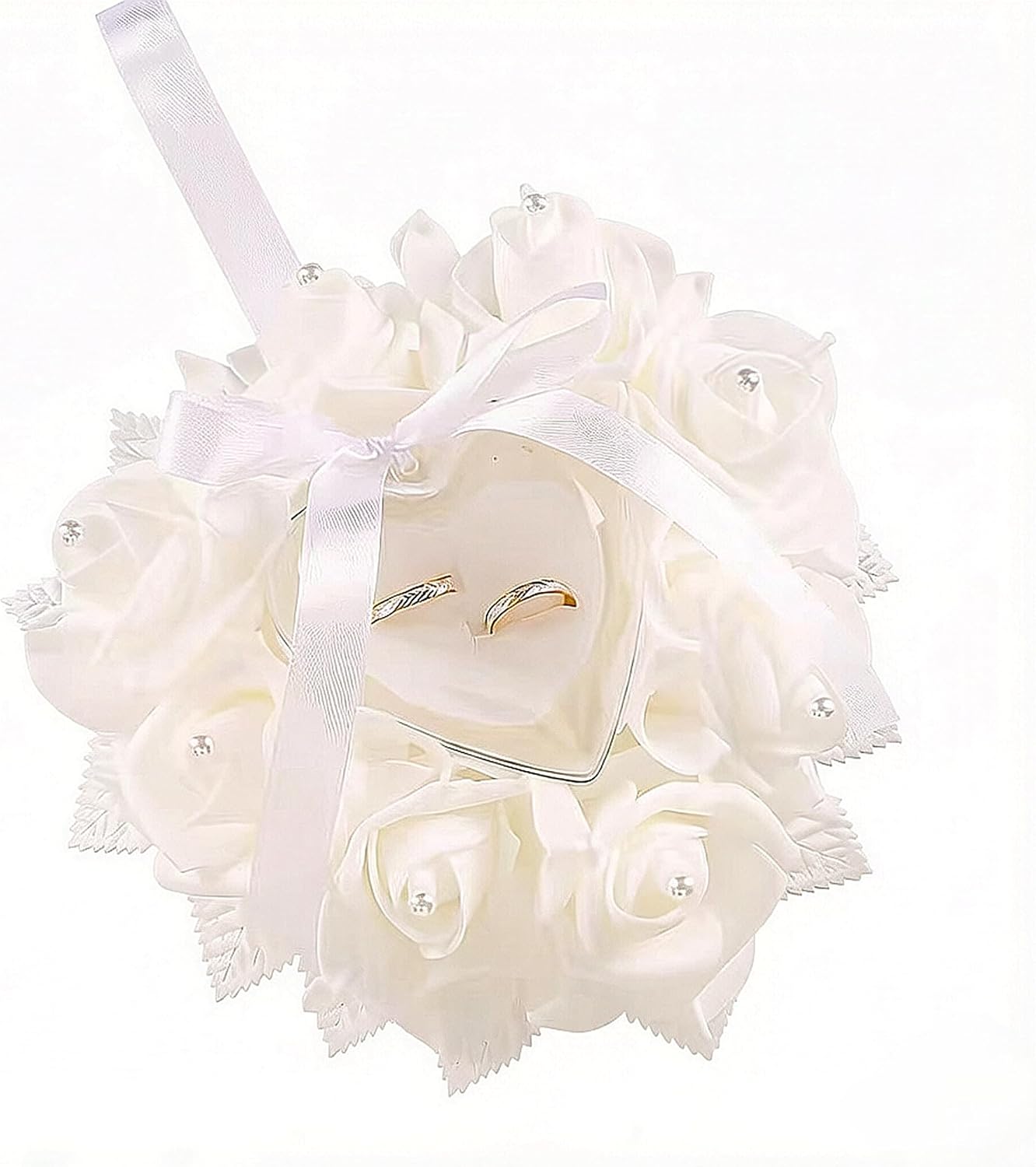 Heart-Shaped Wedding Ring Bearer Pillow with White Roses, Satin Ribbon Bow and Pearl Accents (Large)