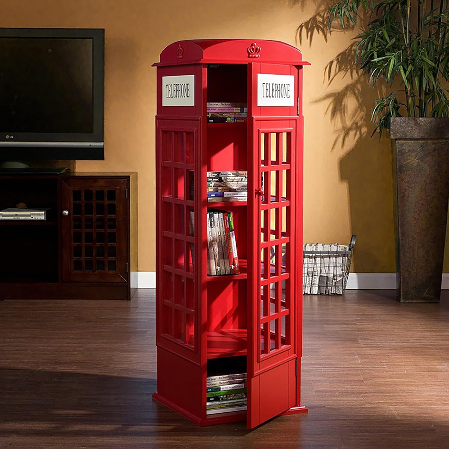 Telephone Booth Bookshelf 5-Tier Wood Bookcase Floor Standing Bookcase Phone Booth Storage Cabinet Organizer Display Bookshelf with Acrylic Door Decorative Bookshelf Organizer(C)