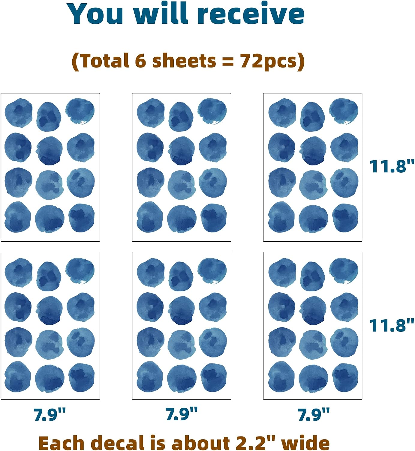 72pcs 2.2'' Sea Blue Polka Dots Wall Decal Watercolor Wall Sticker image 3