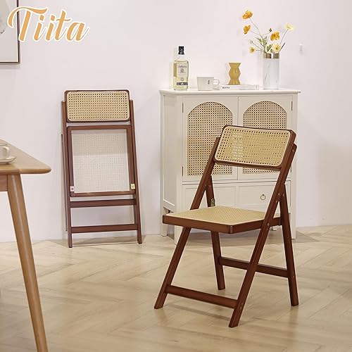 Miniatura 9 de Tiita Juego de 2 sillas de comedor de ratán, sillas plegables modernas de mediados de siglo, sillas de comedor plegables de bambú para espacios