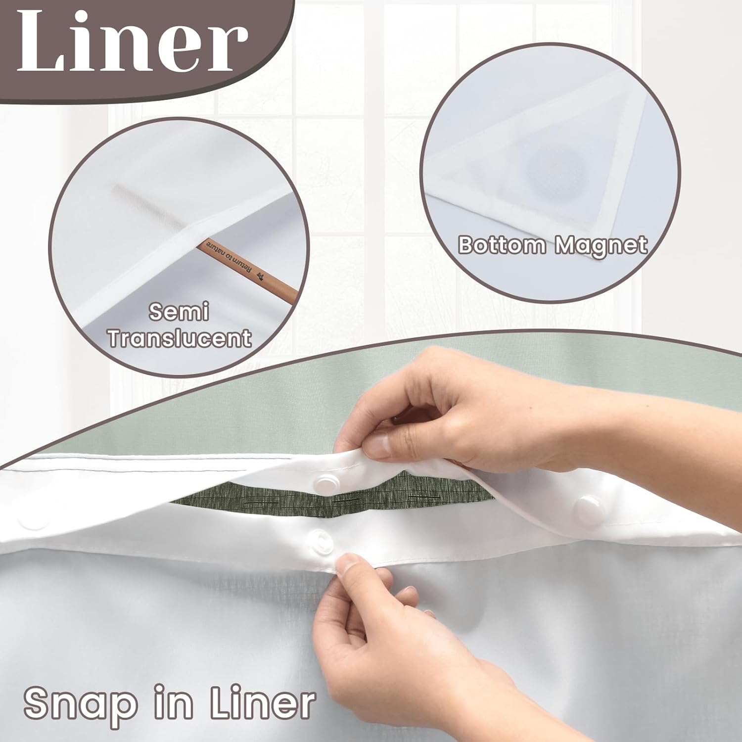 SORTTO No Hook Slub Textured Shower Curtain with Snap in Liner - Dark Green Fabric Outer Curtain & Waterproof Inner Liner, Hotel Style with See Through Top Window, 71x74 in