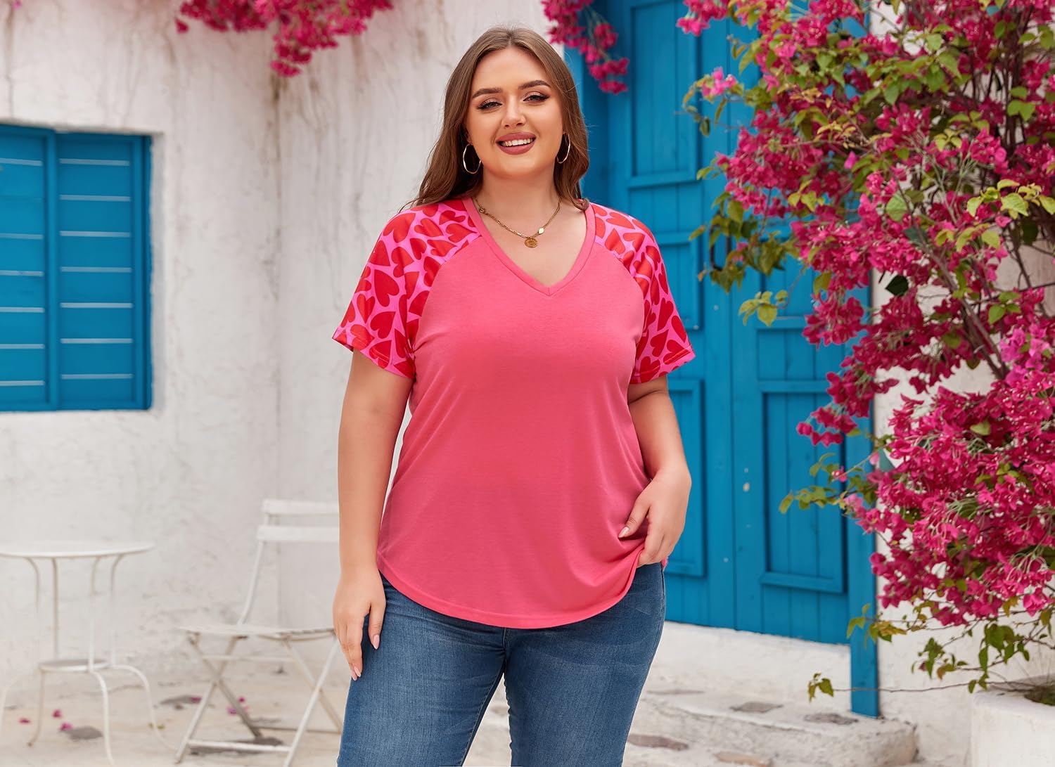 Plus Size Tops for Women Tunic Tops Plus Size Shirts Summer Short Sleeve Raglan V Neck Casual Patchwork Heart Print Tee Pink XX-Large - Image 2