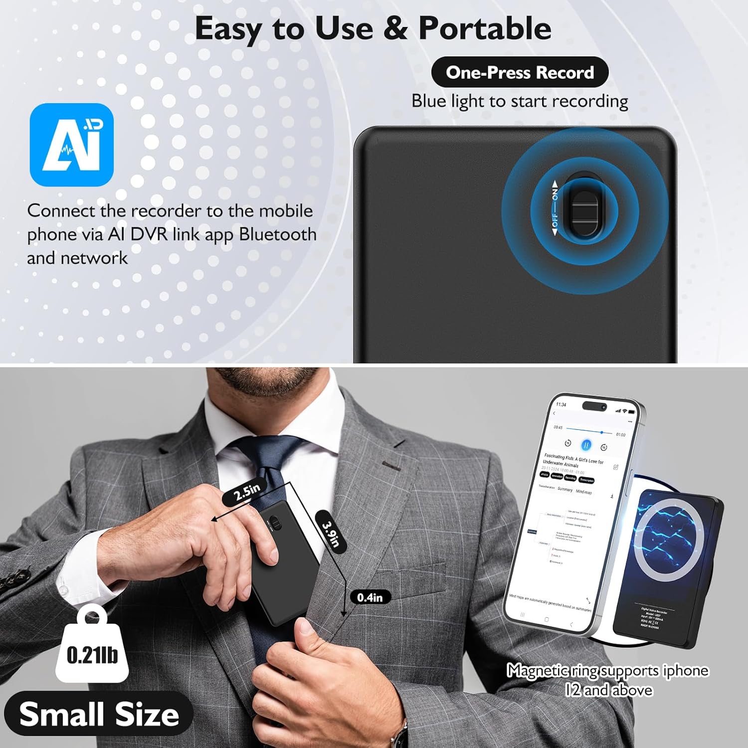 EVISTR AI Voice Recorder showing its one-press record switch and compact size next to a hand and phone