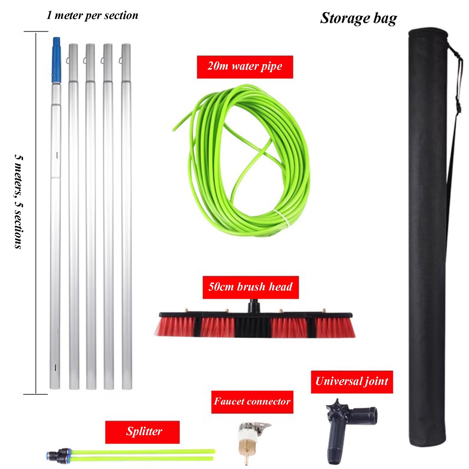 Kit de Limpieza de Ventanas Ajustable: Herramienta con Cepillo y pértiga con Suministro de Agua para Ventanas Altas. Uso Interior/Exterior caravanas, Panel