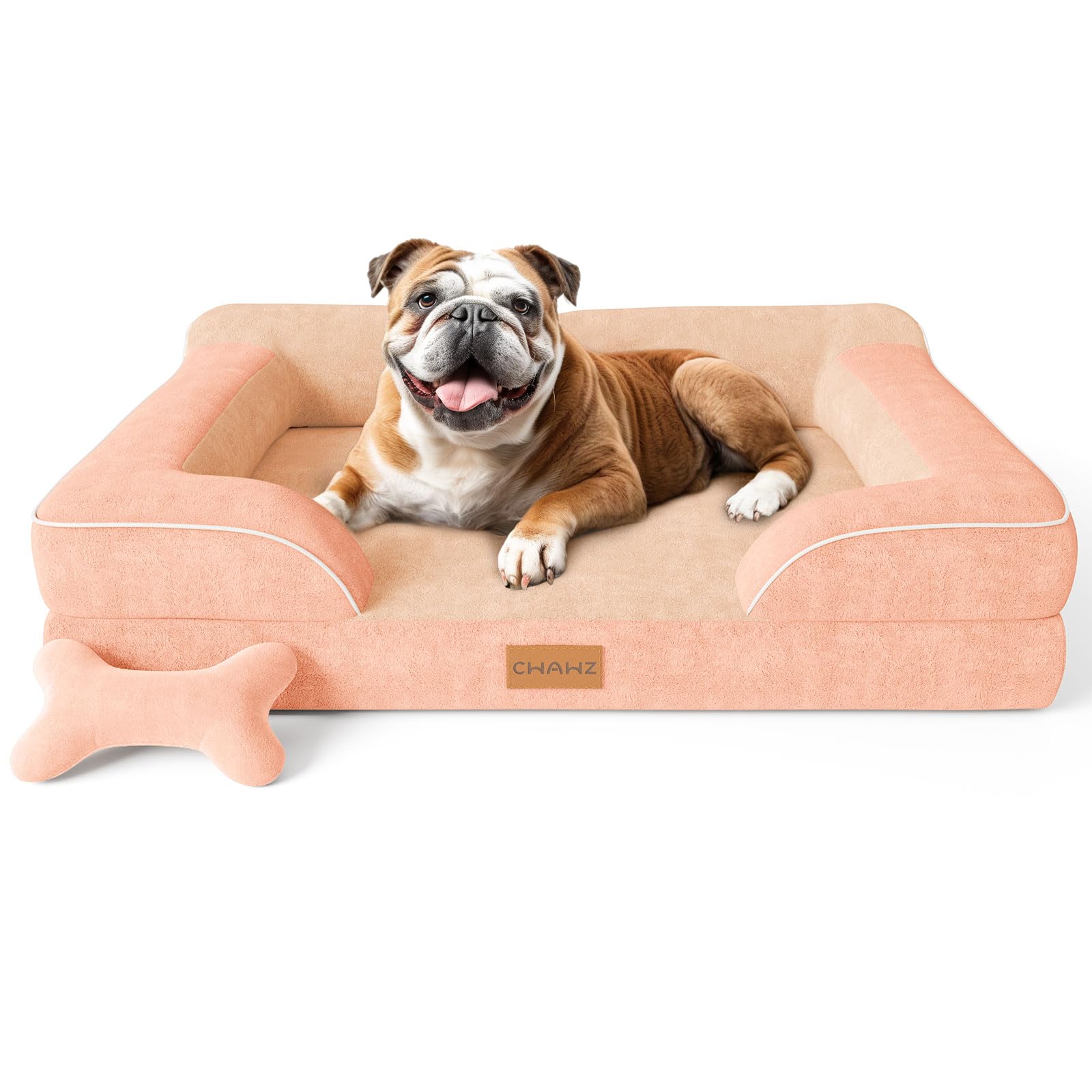 CWAWZ Dog Beds for Large Dogs, Orthopedic Dog Bed with Cooling Gel Memory Foam, Waterproof Large Pet Bed with Removable Washable Cover, 91x69x22cm Pet Sofa Dutch Velvet with Bone Toy, Peach Pink