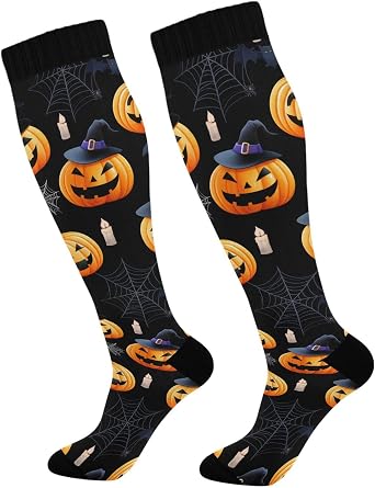 1 Pair Laughing Pumpkins Halloween Compression Socks 20-30mmHg Knee High Women Socks Tube Athletic Stockings for Men Sport Medical Nurse Winter Travel