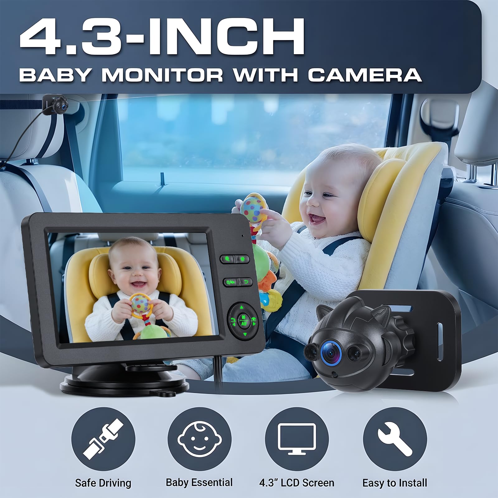 Hikity Kamera samochodowa dla dzieci z monitorem 720p 4,3 cala Monitor samochodowy dla dzieci na tylnym siedzeniu, wyposażona w kamerę obsługuje noktowizor BT muzyka odtwarzanie muzyki z telefonu