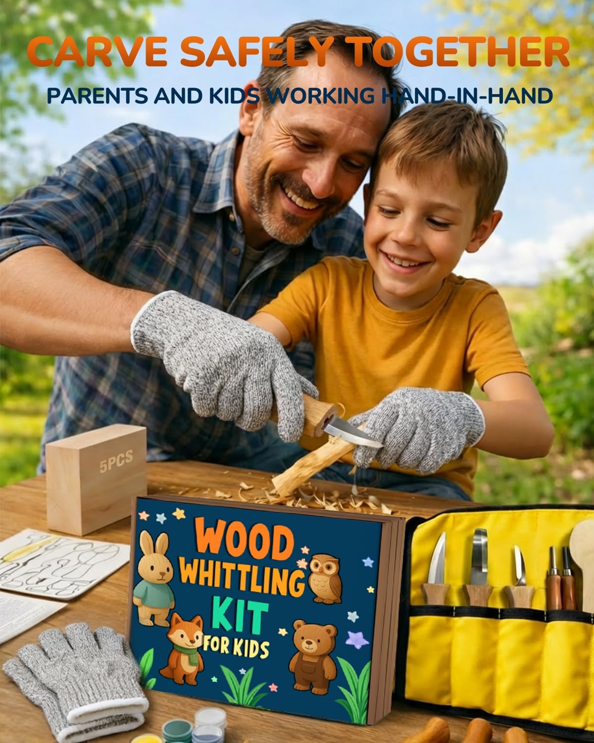 Wood Carving Whittling Kit for Kids: Wood Carving Tool Set with Round-Tip Safety Carving Knives, Cut-Resistant Gloves & Tape, Storege Bag - Hobby Gift for Teens Boys Beginners