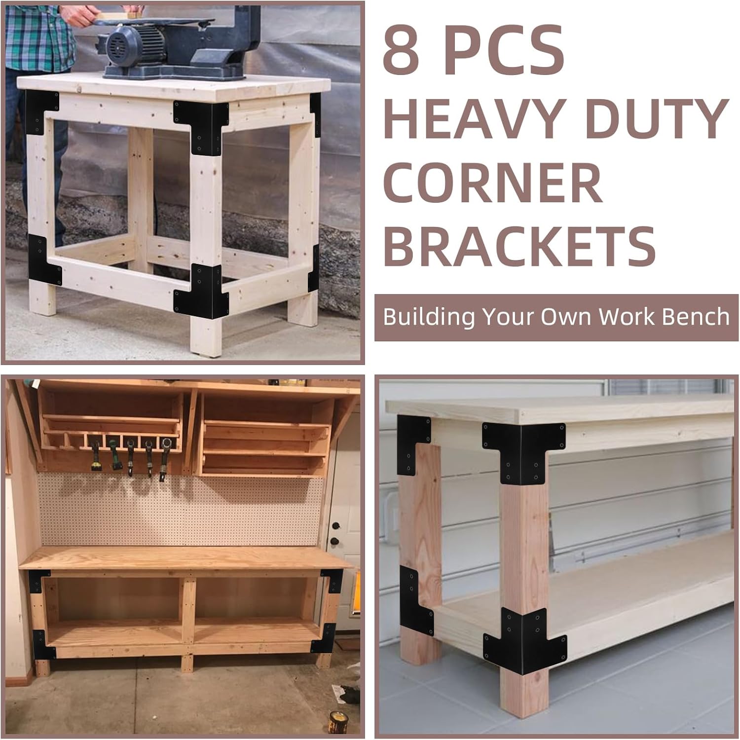 8Pcs Sturdy Steel Corner Brackets, Workbench Brackets Kit with Screws, Heavy Duty Corner Bracket for Deck Edge Work Bench