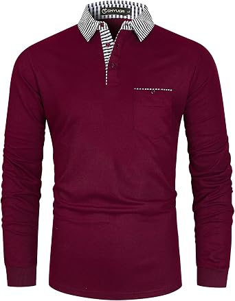 GHYUGR Men's Polo Shirt Long Sleeve Contrasting Plaid Splice Golf Tennis T-Shirt