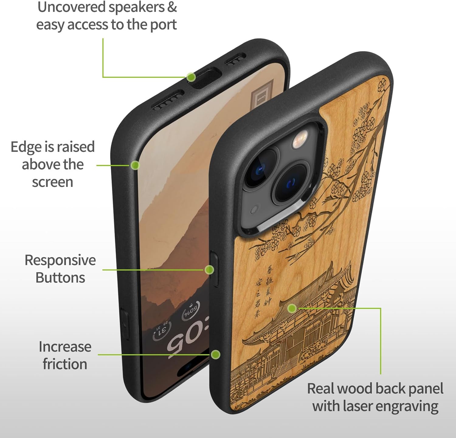 Carveit Magnetic Wooden Case for iPhone 15 Case, Compatible with MagSafe Wireless Chargers, Black Soft TPU Shockproof Cover & Wood Artisan Engraved (Traditional Temple) - Cherry