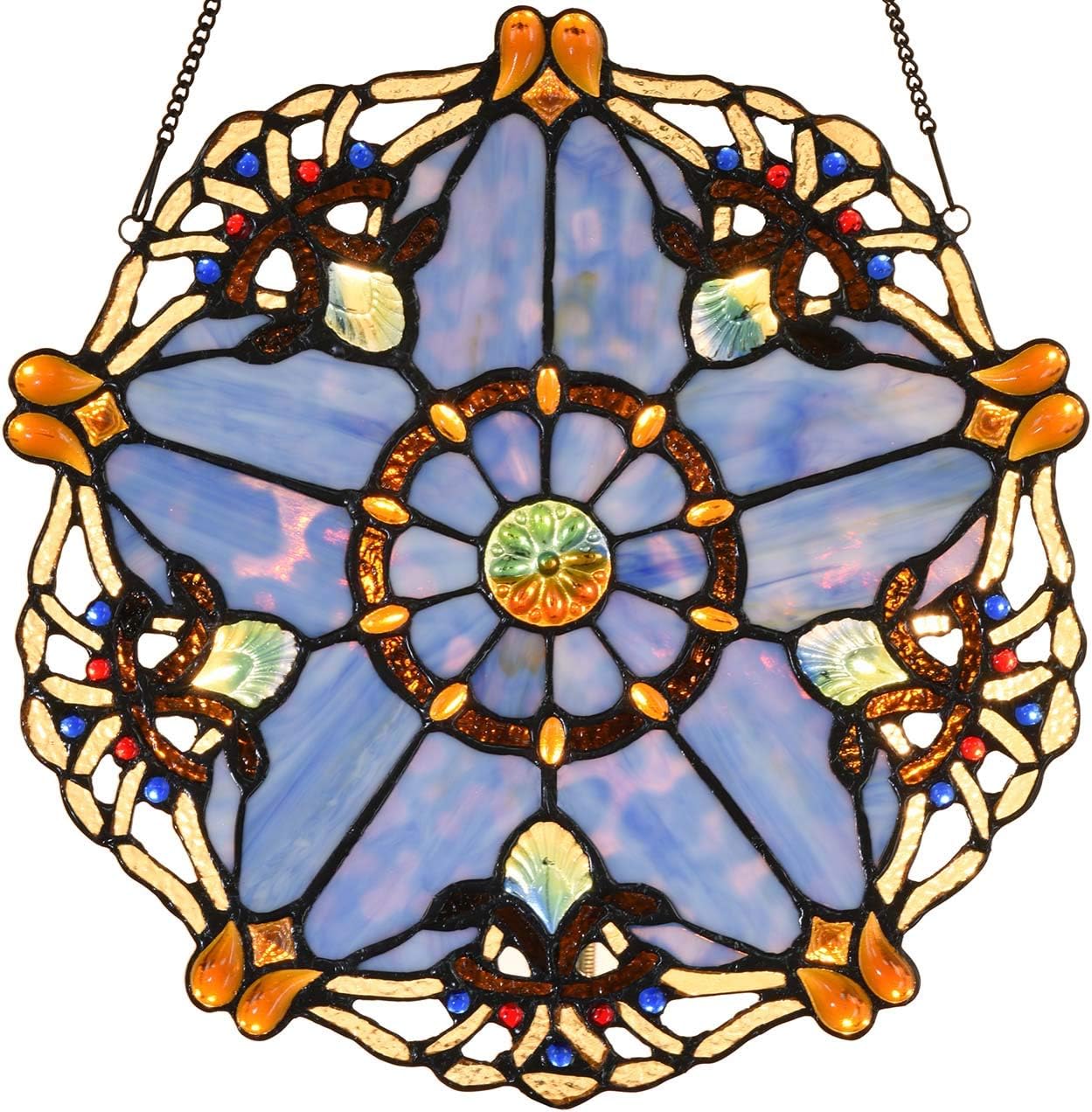 Bieye W10074 Baroque Tiffany Style Stained Glass Window Hanging Panel 12 inches Wide Round with Five-Pointed Star Design (Blue)