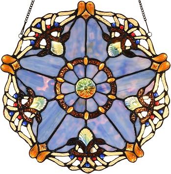 Bieye W10074 Baroque Tiffany Style Stained Glass Window Hanging Panel 12 inches Wide Round with Five-Pointed Star Design Blue