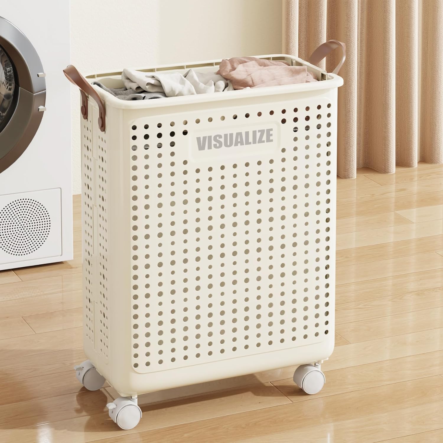 Collapsible Laundry Basket with Wheels and Handle, Plastic Foldable Laundry Hamper, Versatile Portable Storage Basket, Durable and Practical for Laundry and Bathroom (Classic-38L)