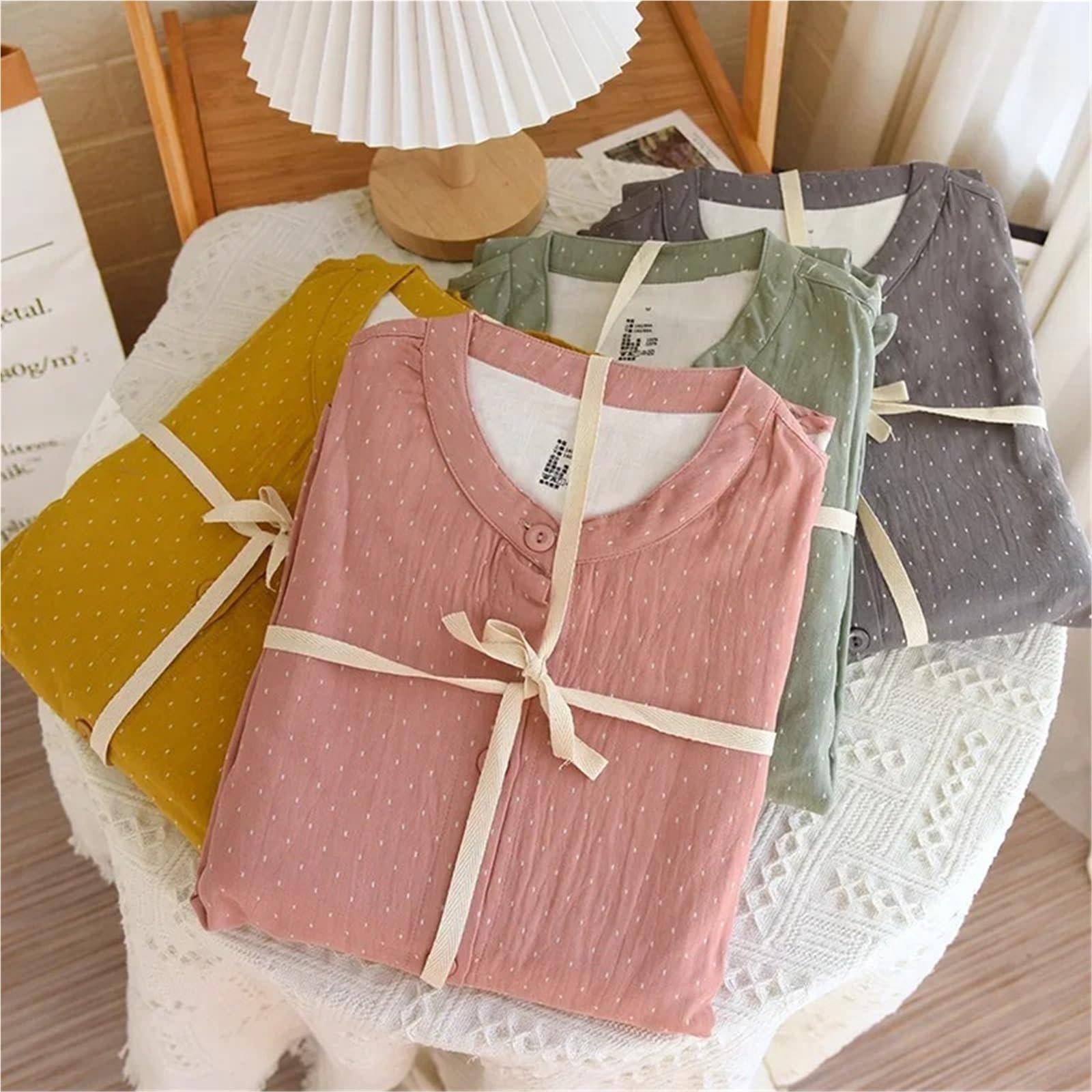 Conjuntos de Pijama Lunares algodón for Mujer, Pantalones Manga Larga Gasa teñida con Hilo, Ropa Dormir Informal Sencilla, Cuello Redondo para Descanso en casa