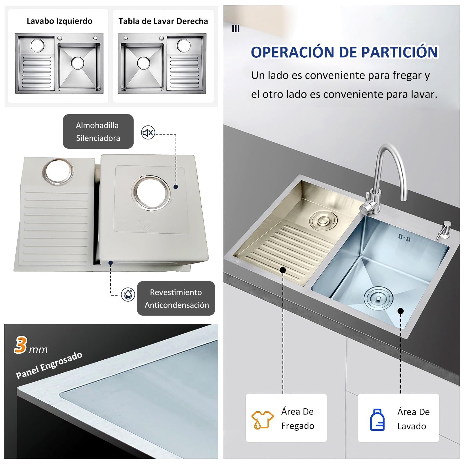 Lavadero Ropa a Mano 60x48cm, Lavandería de Acero Inoxidable 304, Con Grifo, y Kits de Drenaje, Lavadero Pila Exterior, Pila de Lavar, Fregadero Cocina, Lavanderia Lavabo, Fregadero Exterior, Right